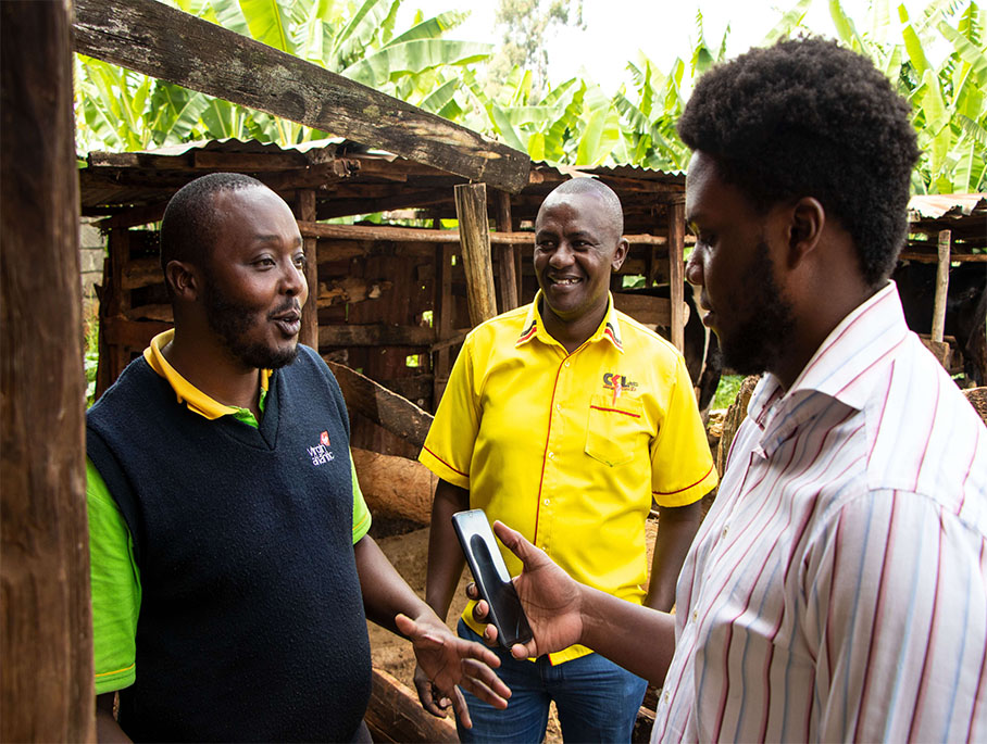 Leonard Mbugua (left), John Kariuki (centre) and Sean Otieno at Leonards's farm